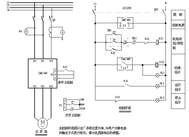 CMC-MX內(nèi)置旁路軟起動器基本接線原理圖、三角形內(nèi)接連接圖和典型應(yīng)用接線圖(圖3)